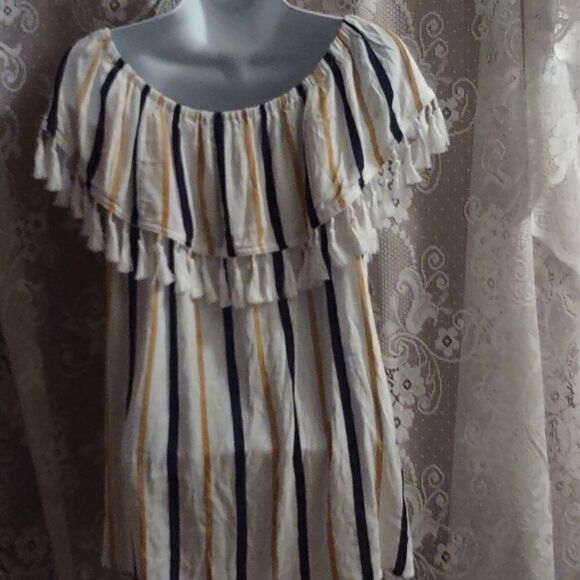 New Kori America Size S Festive Boho Top Navy Gold Stripe Fringe Ruffle Neckline - Picture 4 of 9